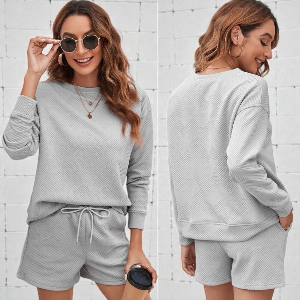 Boutique Gray Textured Long Sleeve Top & Shorts Lounge Set | Plus Size | NWT - Picture 5 of 12